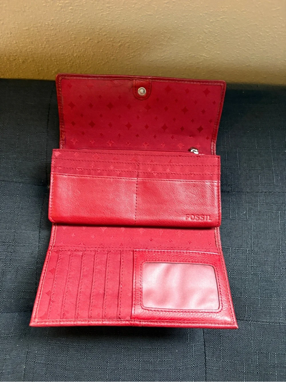 Fossil Red Leather Clutch with Pink and Cream Diagonal Stripes